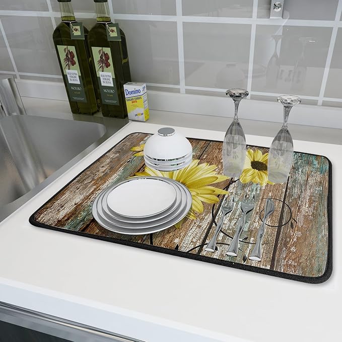 Rustic Daisy Dish Drying Mat for Kitchen Countertop 18x24 inch Yellow Sunflowers on Wooden Board Dish Drainer Mats Fast Drying Country Vintage Style Shabby Chic Flower Dish Drying Pad Decor Large