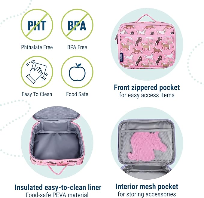 Wildkin Kids Insulated Lunch Box – Durable and Reusable for School & Travel - Horses in Pink