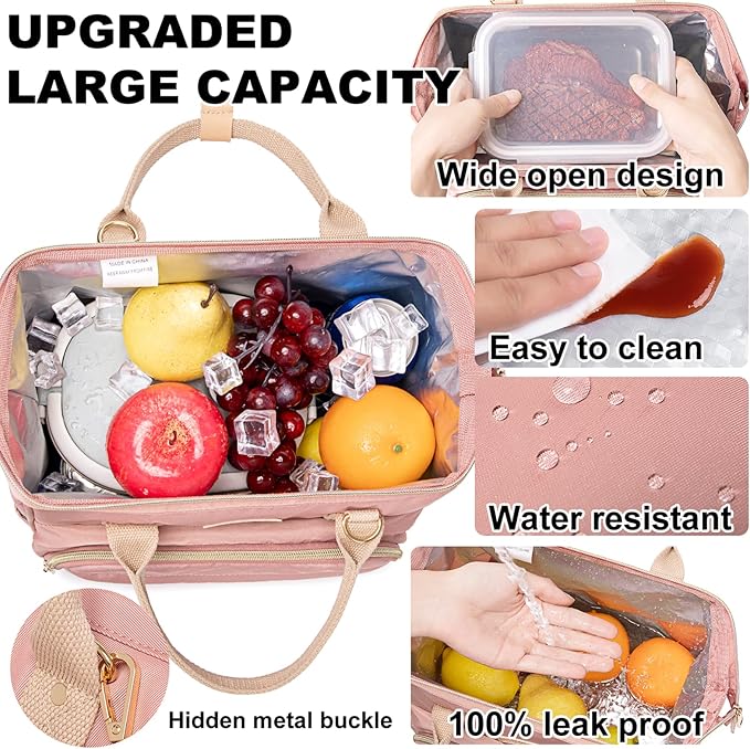 AIJIEKE Lunch Bag for Women, Large Lunch Box for Work Insulated Lunch Bag, Adult Leak Proof Lunch Tote Cooler Bag with Side Pockets & Adjustable Strap, Lunch Purse for Picnic Beach Hiking, Pink