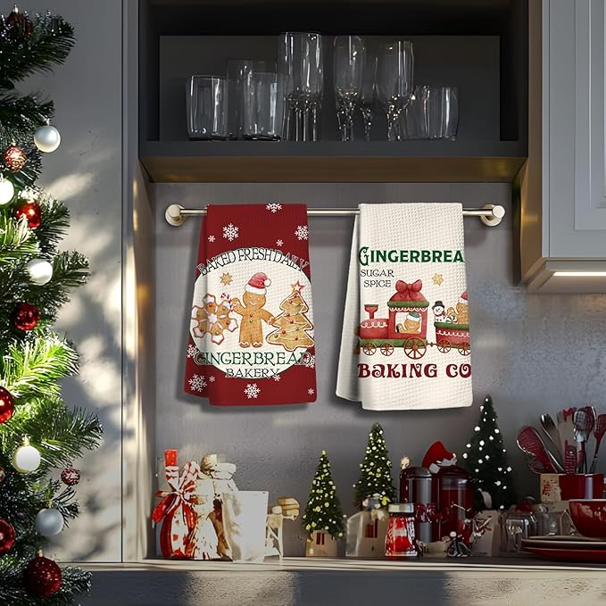 Christmas Gingerbread Kitchen Towels Set of 2,Gingerbread Christmas Decors,Christmas Dish Towels for Kitchen,Christmas Hand Towels for Bathroom,Gifts for Women,Housewarming Gifts 16×24 Inches