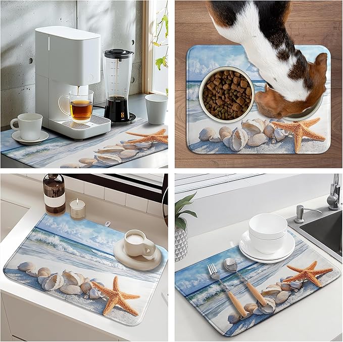 Summer Beach Dish Drying Mat for Kitchen Counter Starfish Coastal Shells Kitchen Dishes Dryer Pad Absorbent Matt Microfiber Washable Foldable Reusable Large 18x24 in