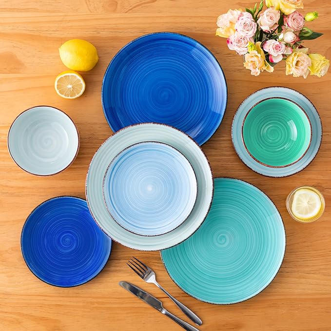 vancasso Bonita Dinnerware Set Blue Stoneware 18 Pieces Service for 6, Handpainted Spirals Pattern Stoneware Plates and Bowls Set