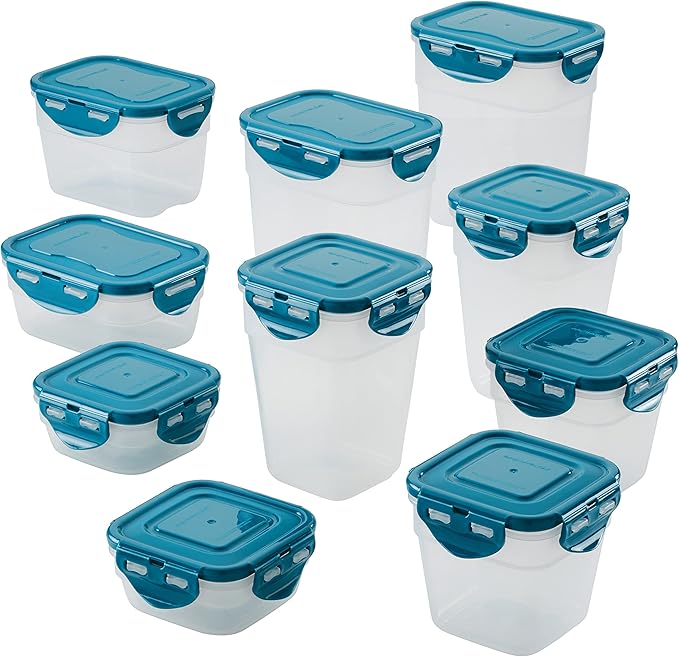 Rachael Ray Leak-Proof Stacking Container Food Storage Bin Set, 20-Piece, Clear with Teal Lids