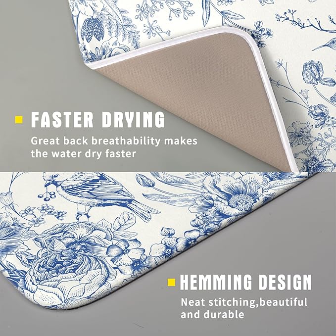Chinoiserie Dish Drying Mat 16x18 Inches, Blue White Birds Floral Flowers Super Absorbent Microfiber Dish Rack Pad Mat for Kitchen Counter Coffee Bar