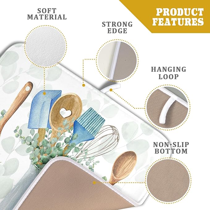 Sage Green Dish Drying Mat for Kitchen Counter, Cooking Supplies Reversible Dish Drainer Rack Pad Fast Dry Kitchen Accessories 16x18 Inch