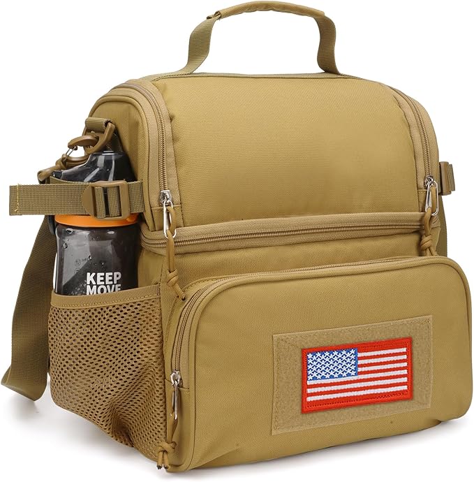 ATRIPACK 2 Compartment Lunch Bag for Men Adult, Tactical Lunch Box Leakproof Insulated Large Cooler Bag for Work with Adjustable Shoulder Strap Flag Double Layer Lunch Pail（Brown）