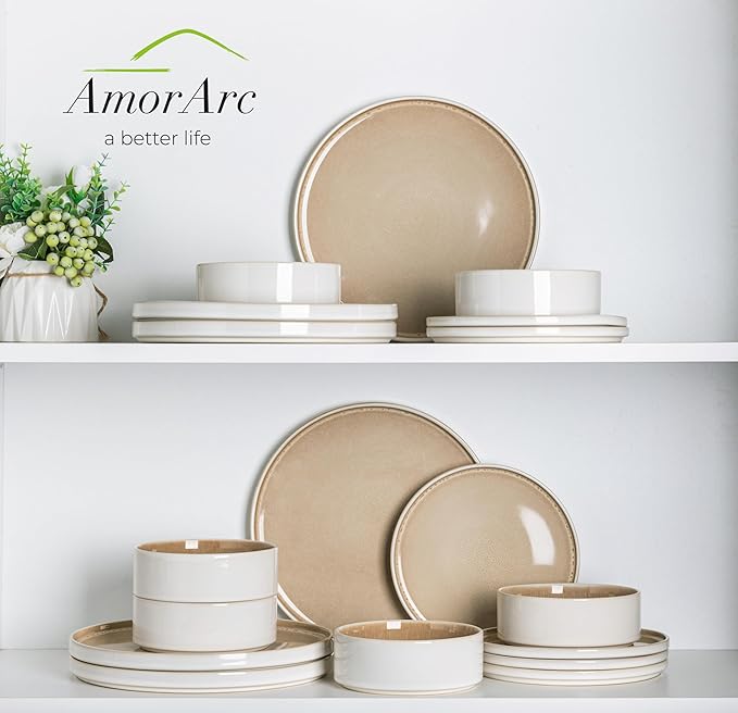 AmorArc Ceramic Dinnerware Sets, Handmade Reactive Glaze Stoneware Plates and Bowls Sets,Highly Chip and Crack Resistant | Dishwasher & Microwave Safe Dishes Set, Service for 4 (12pc)