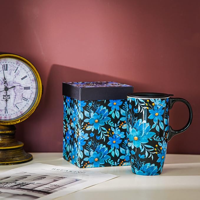 Topadorn Ceramic Mug Blue Flower Porcelain Coffee Mug with Gift Box,17oz. Blue Flower