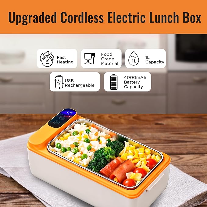Rechargeable Electric Heated Lunch Box - Cordless Battery Powered Portable Food Timer Heater Keep Hot Meal - Self Reheating Soup Heat Warming Container Heating Warmer for Men Women Adults Car Vehicle