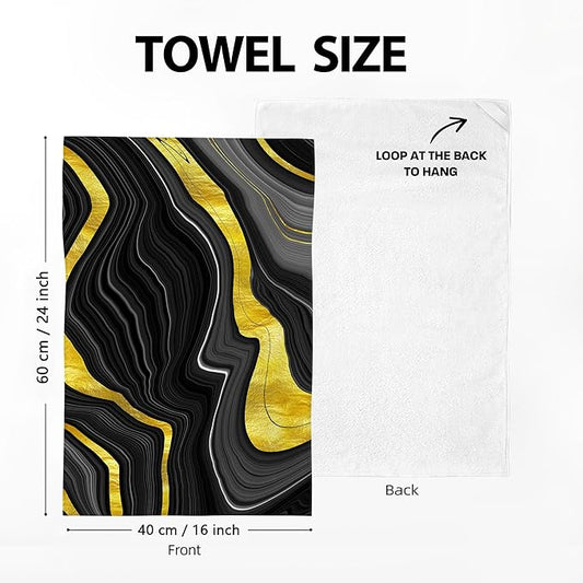 Black Gold Kitchen Towels Set of 2, Marble Texture Decorative Dish Hand Towels for Bathroom Bar Abstract Modern Absorbent Drying Cloth 16x24 Inch, Black Gold Kitchen Decor