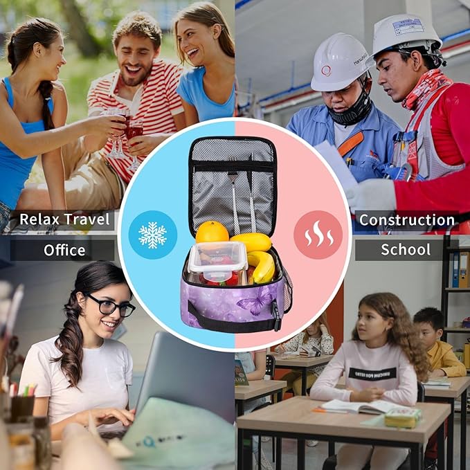 SUPLUCHOM Lunch Bag Butterfly Purple Pastel Insulated Box Reusable with Side Pocket for Girl Boy Women Men Work School Picnic Hiking Daytrip Over 3 Years Old