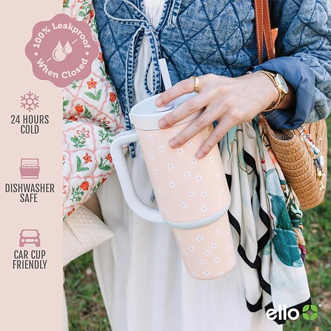 Ello Oasis 30 oz Tumbler with Handle & Retracting Straw | Reusable Insulated Stainless Steel Cup 100% Leakproof, Gifts for Teens Women Men | Keeps cold for 24 Hours, Cup Holder Friendly, Daisies