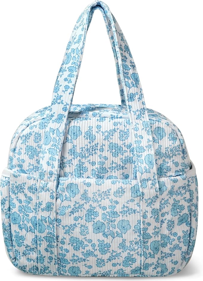 Yarnic Lunch Bag Women Men Insulated, Large Corduroy Lunch Box for Work with Bottle Pockets, Stylish Reusable Cooler Tote for Adults Teachers Picnic Hiking (Blue Flower)