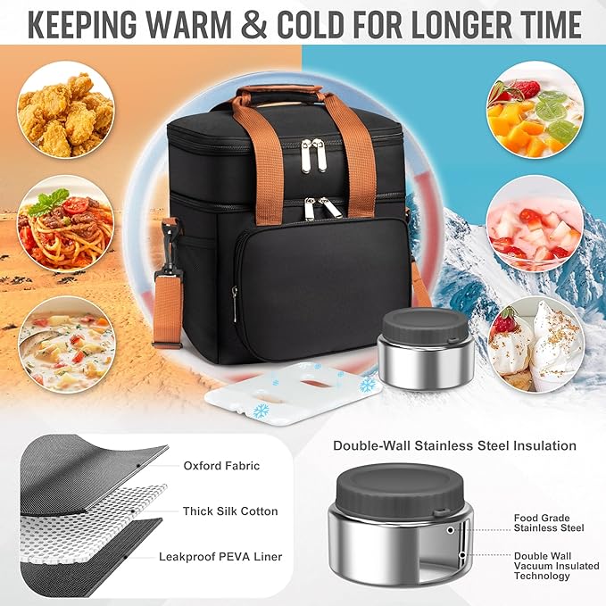 Adult Lunch Box Set Insulated Leakproof Meal Prep Kit with 4-Compartment, Thermo for Hot&Cold Food, Lunchbox Containers for Men&Women, Lunch Cooler Bag with Ice Pack for Work Camping Daytrip(Black)
