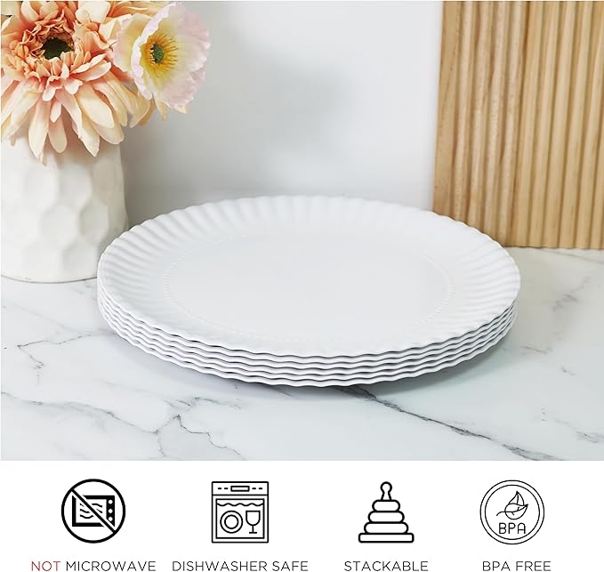 TP 10.5 inch Melamine Dinner Plates Set of 6, Lightweight Serving Round Salad Appetizer Plate for 6, Dessert Dishes for Indoors and Outdoors, White