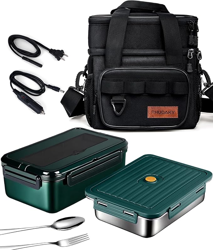 60oz Electric Lunch Box Food Heater, Heated Lunch Box for Adults Men, 12v/24v/110v Portable Food Warmer 80W Self Heating Lunchbox for Work Car Truck With Insulated Lunch Bag