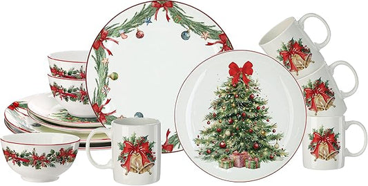 16 Pcs Christmas Tree Dishes Dinnerware Set for 4 Guest Holiday Dinner Plates Ceramic Vintage Christmas Salad Plates Red Bow Bowl Mug Serving Dishes Gift for Xmas Holiday Party Kitchen Decoration