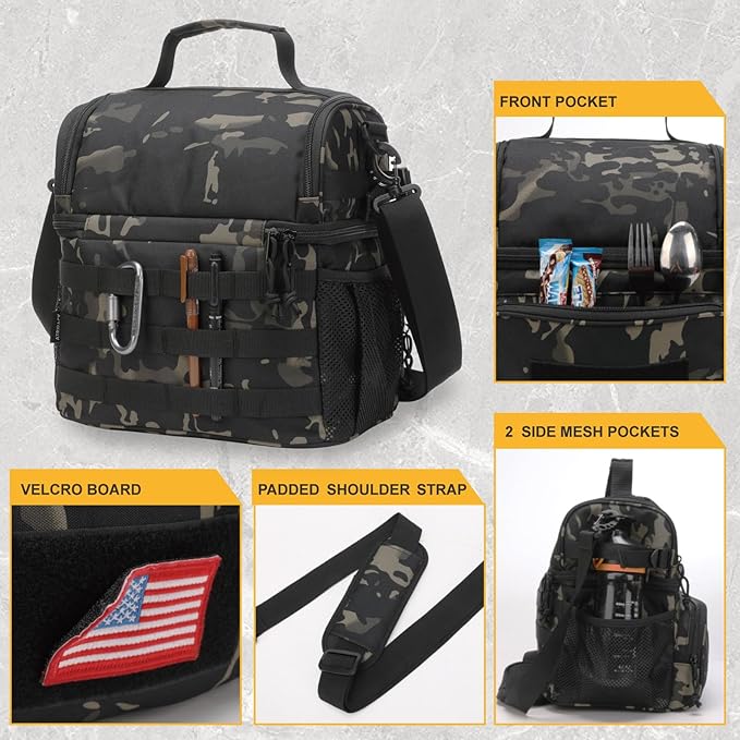 ATRIPACK 2 Compartment Lunch Bag for Men Adult, Tactical Lunch Box Leakproof Insulated Large Cooler Bag for Work with Adjustable Shoulder Strap Flag Double Layer Lunch Pail（Camo-Black）