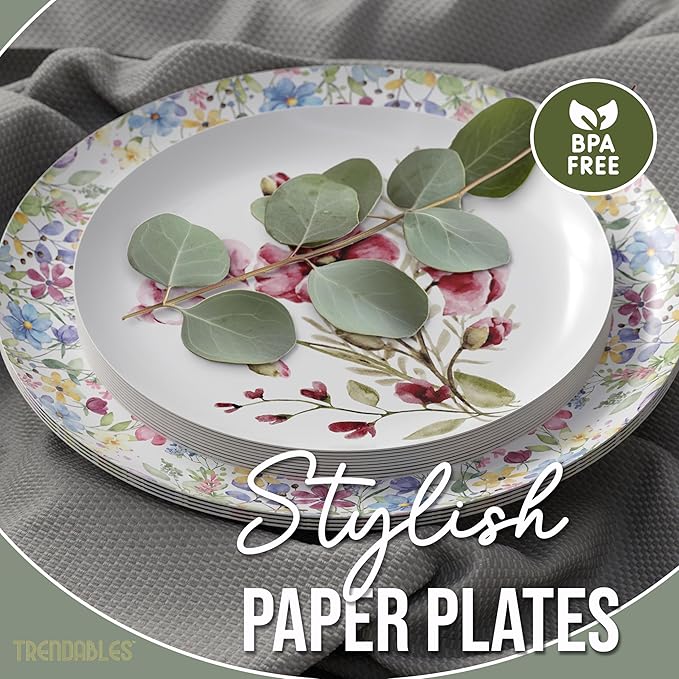 Trendables Heavy Duty Paper Plates Set For 16 Guests - 16 Each Of 8-inch And 10-inch Disposable Plates For Party - Fancy 32 Piece Dinnerware Set For All Occasions | Floral Design, Provincial