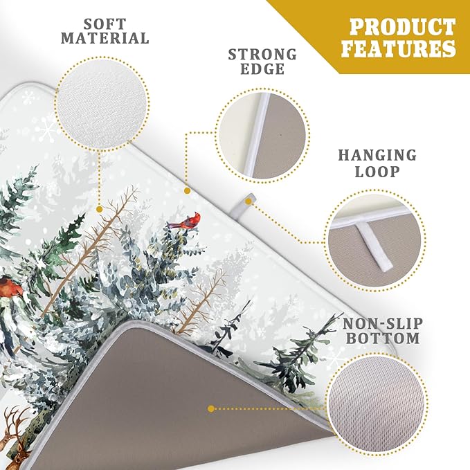 Pine Tree Dish Drying Mat for Kitchen Counter 18x24 Inch Forest Deer Absorbent Dishes Drainer Mats Reversible Microfiber Quick Dry Rack Pad