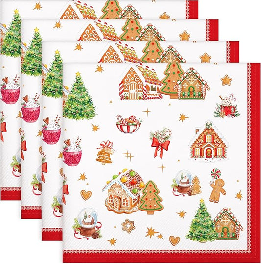 Christmas Napkins, 18×18 Inch Gingerbread Dinner Cloth Napkins Set of 6, Washable Cotton Soft Absorbent Square Napkins for Dining Kitchen Party Wedding Decoration