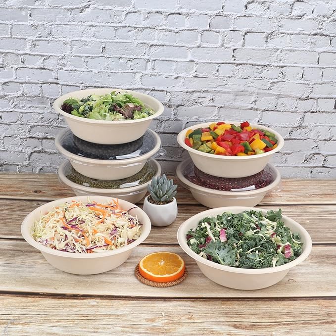 32 oz Disposable salad bowls with lids, Sugarcane Fiber Paper Bowls take away food containers Plant Fibers Freezer Safe 50 Pack