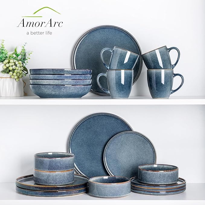 AmorArc Ceramic Dinnerware Sets, Handmade Reactive Glaze Stoneware Plates and Bowls Sets,Highly Chip and Crack Resistant | Dishwasher & Microwave Safe Dishes Set, Service for 8 (24pc)