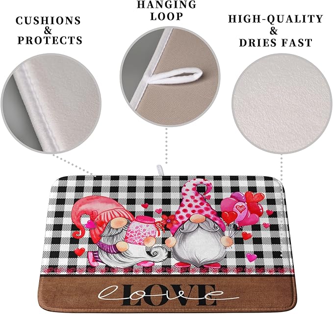 Valentine's Day Dish Drying Mats for Kitchen Counter, Gnome Love Kitchen Drying Mat, Buffalo Plaid Dish Drainer Mat Absorbent Quick Dry Dishes Pad 16 x 18 In - Farmhouse Decor Valentines Gift