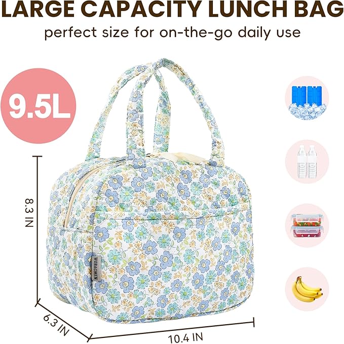 Quilted Lunch Box for Women,Insulated Cute Reusable Lunch Bag with Front Pocket,Pink Flower Stylish Lunch Tote Bag for Work, Office,Picnic, Travel,School (green blue floral)