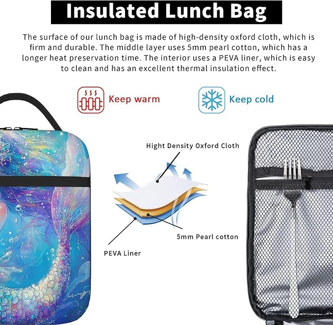 SUPLUCHOM Lunch Bag Mermaid Childish Blue Sea Insulated Bento Box Cooler with Side Pocket for Girl Boy Women Men Work School Picnic Hiking Daytrip