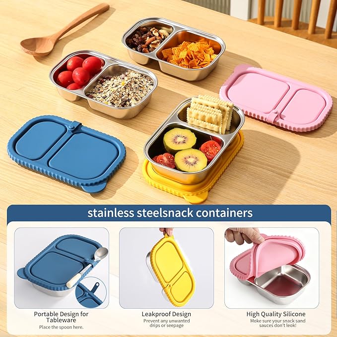 2 Pack Stainless Steel Snack Containers With Lid, 2 Compartment Snackle Box Container,Leak-Proof Reusable Food Storage Container,For Work, Travel, School, And The Gym