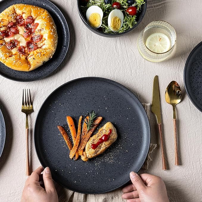 AmorArc Ceramic Dinnerware Sets, Wavy Rim Stoneware Plates and Bowls Sets, Highly Chip and Crack Resistant | Dishwasher & Microwave Dishes set, Service for 4 (12pc)-Speckled Matte Black