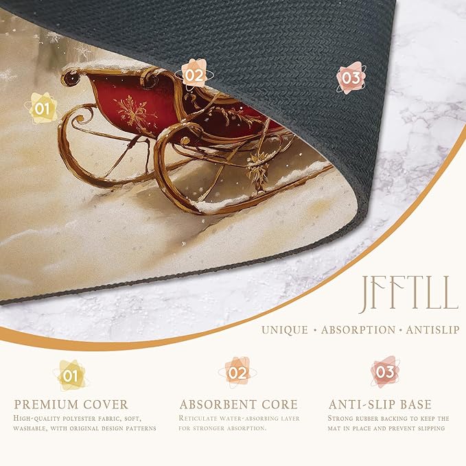 Winter Christmas Sleigh Dish Drying Mat, Vintage Xmas Holiday Absorbent Dish Drainer Reusable Washable Drying Mat Pad for Kitchen Counter, Rustic Christmas Decor, 12×15 Inch