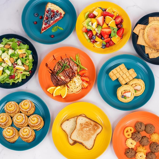 Supernal Wheat Straw Dinner Plates Reusable &Durable Plastic Plates Plastic Dinnerware 16-Pack (4 Orange, 4 Yellow, 4 Blue, 4 Dark Blue), Perfect for Dinner,Party,Outdoor Use