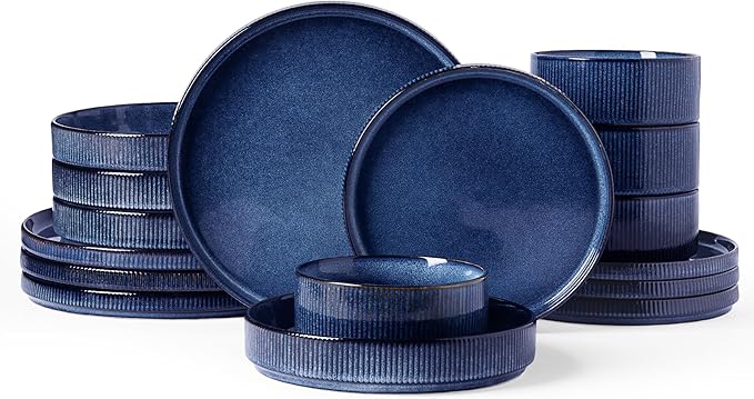 Famiware Star Dinnerware Set with Pasta Bowls, Service for 4 (16pcs), Ribbed Stoneware Plates and Bowls Dishes Sets - Chip & Scratch Resistant, Microwave & Dishwasher Safe, Nebulas Blue