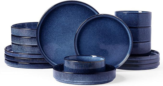 Famiware Star Dinnerware Set with Pasta Bowls, Service for 4 (16pcs), Ribbed Stoneware Plates and Bowls Dishes Sets - Chip & Scratch Resistant, Microwave & Dishwasher Safe, Nebulas Blue