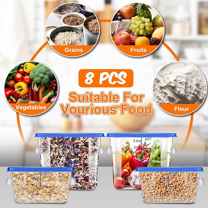 Suclain 8 Pcs Food Storage Container with Lids Set 2qt and 4qt Square Clear Commercial Containers with Scales Handles for Home Restaurant Kitchen Food Storage, Marinating Meat, Proof Dough (Blue)