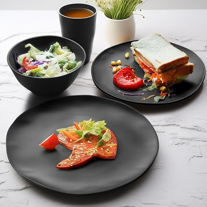 Teivio 32-Piece Kitchen Plastic Wheat Straw Dinnerware Set, Service for 8, Dinner Plates, Dessert Plate, Cereal Bowls, Cups, Unbreakable Colorful Plastic Outdoor Camping Dishes, Black Matte