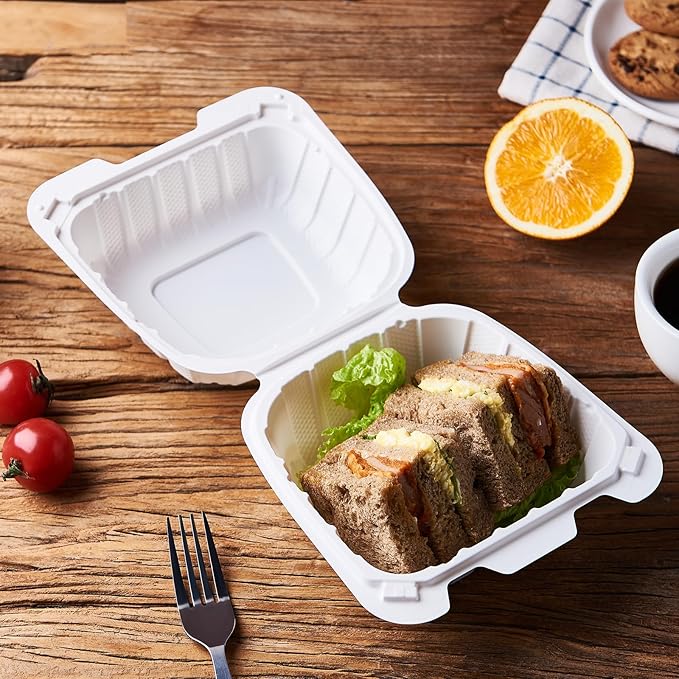 CIAO! 6"x6"x3" MFPP White Hinged Container With Lid 1 Compartment (Case of 300)