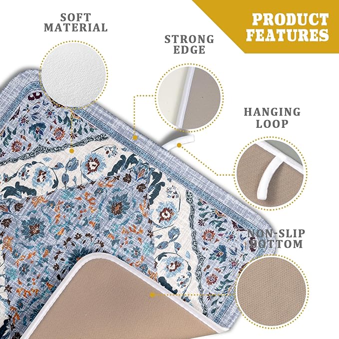 Boho Flower Dish Drying Mat Blue Bohemian Dishes Drainer Rack Mat 16x18 Inch Microfiber Kitchen Drying Pad for Countertop Tableware Decor