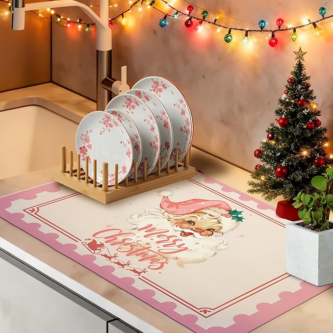 Pink Santa Christmas Dish Drying Mat, Preppy Merry Christmas Coffee Bar Mat for Countertops, Xmas Santa Reindeer Absorbent Dish Drying Mats for Kitchen Counter Coffee Maker, 16x24 Inch