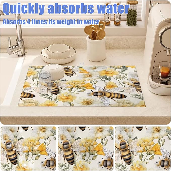 Watercolor Bee Floral Dish Drying Mat for Kitchen Counter Drying Pad Absorbent Reversible Dish Drainer Rack Mats Draining Pad 18"x24"Inch