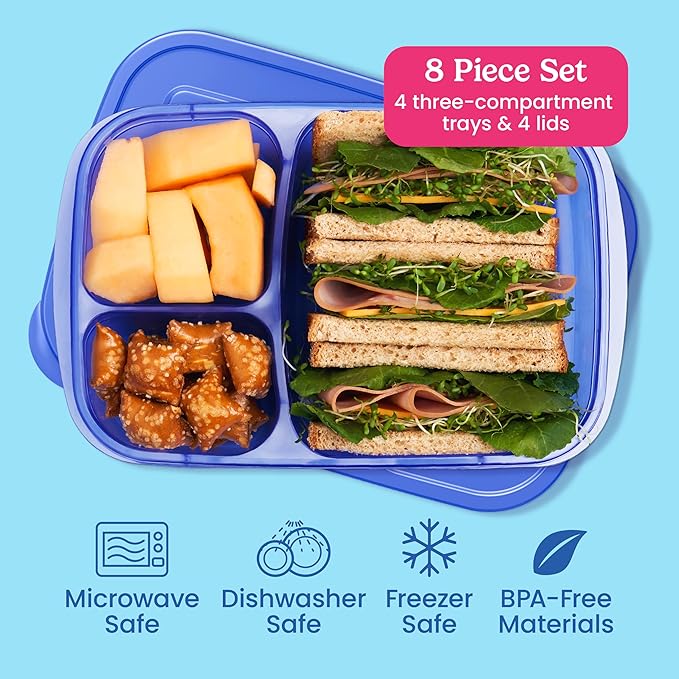 Bentgo Easyboxes - Original Stackable Lunch Boxes - Reusable 3-Compartment Food Containers for Kids and Adults - Bento Lunch Box for Meal Prep, School, & Work - BPA Free, Set of 4 (Jewel Brights)