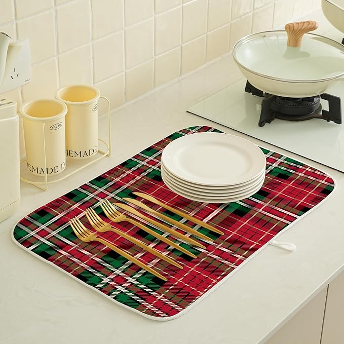 Christmas Drying Mat 18x24 Inches For Kitchen Counter Winter Red Green Buffalo Plaid Kitchen Decoration Drying Mat Decorative Pad for Kitchen Dining Room Decor