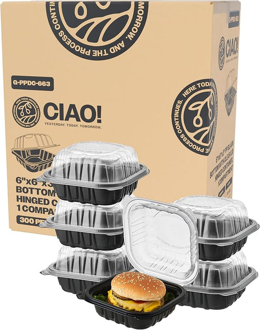 CIAO! 6"x6"x3" Polypropylene Black bottom with Clear Lid Hinged Container 1 Compartment Take Out Container, Microwavable, Recyclable and Reusable, (Case of 300)