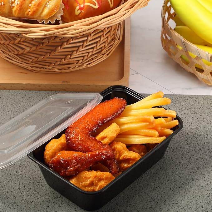 Sawysine 100 Pcs Plastic Meal Prep Containers Food Storage Containers Reusable Lunch Bowls with Lid Stackable Disposable Lunch Boxes 1 Compartment Bento Box(Black,26 oz)