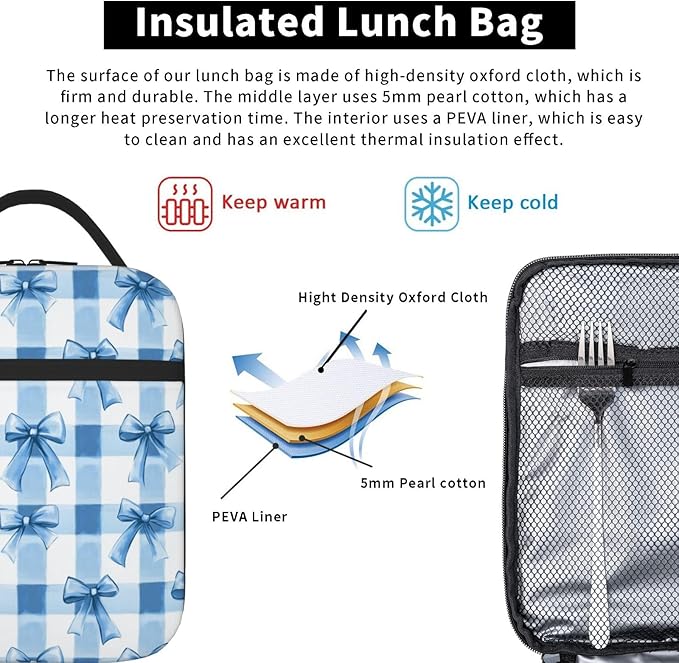 SUPLUCHOM Lunch Bag Blue Bows Check Insulated Bento Box Cooler with Side Pocket for Girl Boy Women Men Work School Picnic Hiking Daytrip