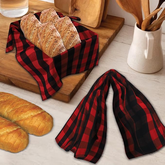 Urban Villa Buffalo Checks Kitchen Towels Set of 6 - Red/Black - 20x30 Inches - 100% Cotton - Highly Absorbent - Premium Quality - Ultra Soft - Mitered Corners