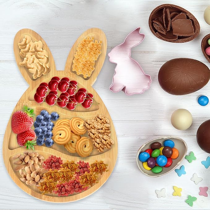 Wooden Bunny Plate, Easter Candy Dish Tray Platter Serving Dishes, Reusable Bunny Charcuterie Board, Funny Easter Party Decorations Bunny Decor (15.4"x9.3"x0.6")