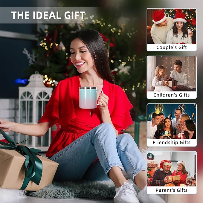 Volhoply 14oz Insulated Stainless Steel Coffee Mug with Leakproof Lid,Double Wall Vacuum Travel Coffee Cup with Handle, Reusable Cups Tumbler,Camping Mugs Keep Hot, Ideal Gifts(Green Pink,1 Set)